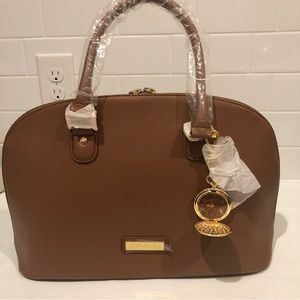 JOY IMAN leather purse in Classic Cognac. Gold accents and pocket watch